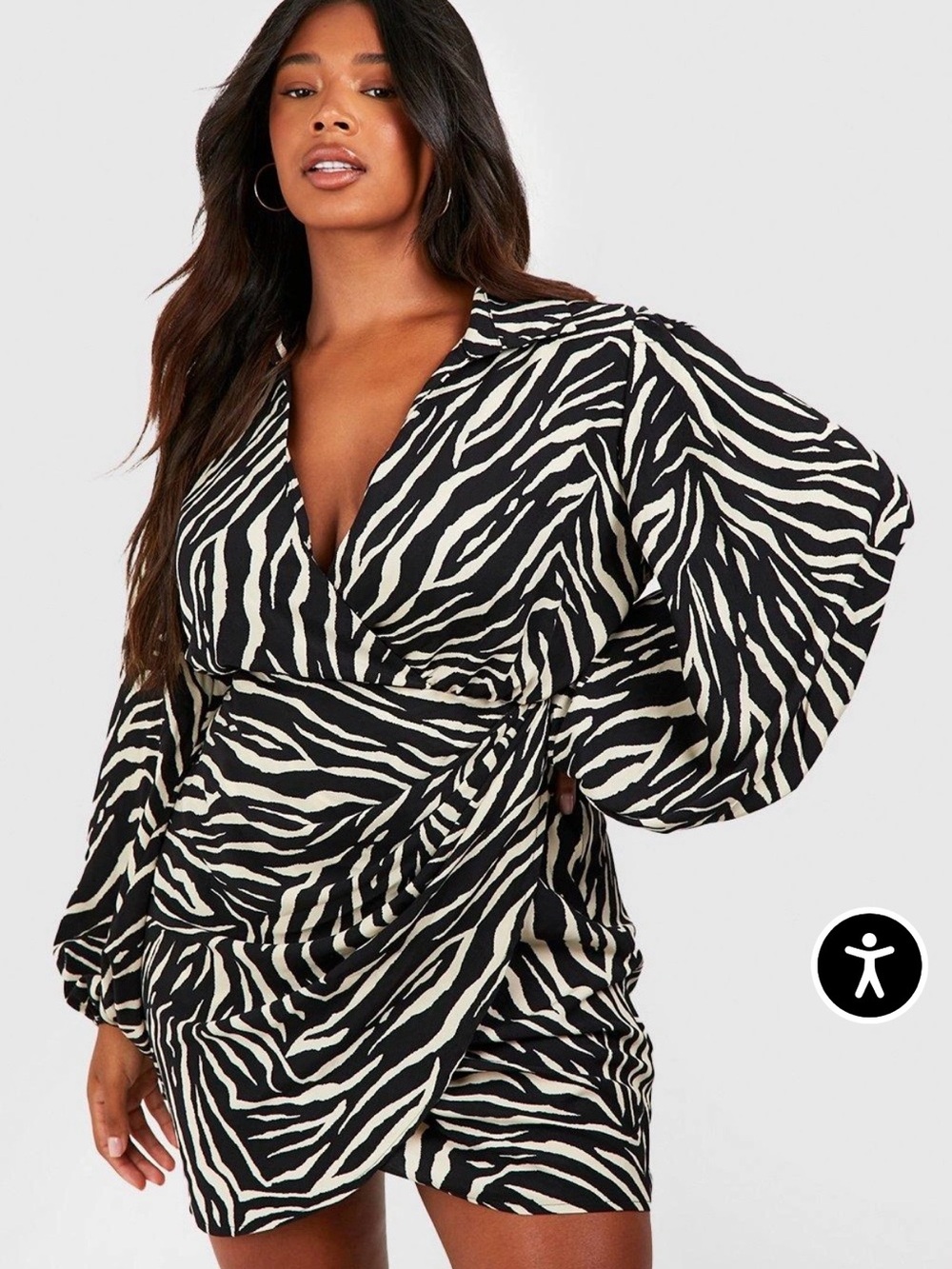 NWT Boohoo Zebra Print Blouson Sleeve Wrap Dress